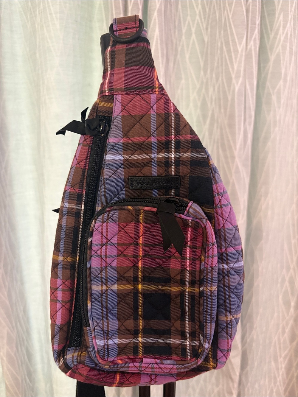 Small Quilted Plaid Sling Bag - Pink Brown Multi